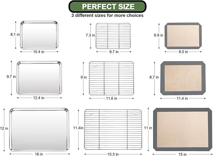 Baking Sheet Tray Cooling Rack with Silicone Mat Set, Stainless Steel Cookie Pan For Oven, Set of 9 (3 Sheets + 3 Racks Mats), Warp Resistant & Heavy Duty Easy Clean, Grey