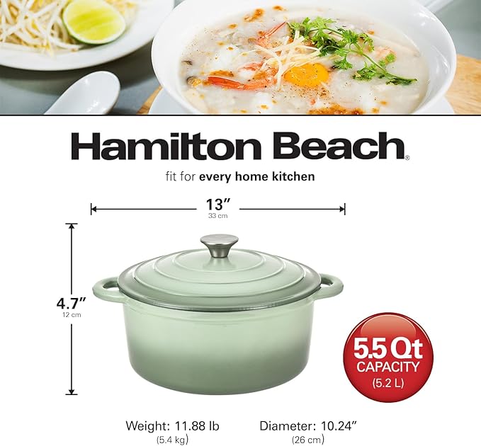 Hamilton Beach Enameled Cast Iron Dutch Oven 5.5-Quart Sage, Cream Enamel Dutch Oven Pot with Lid