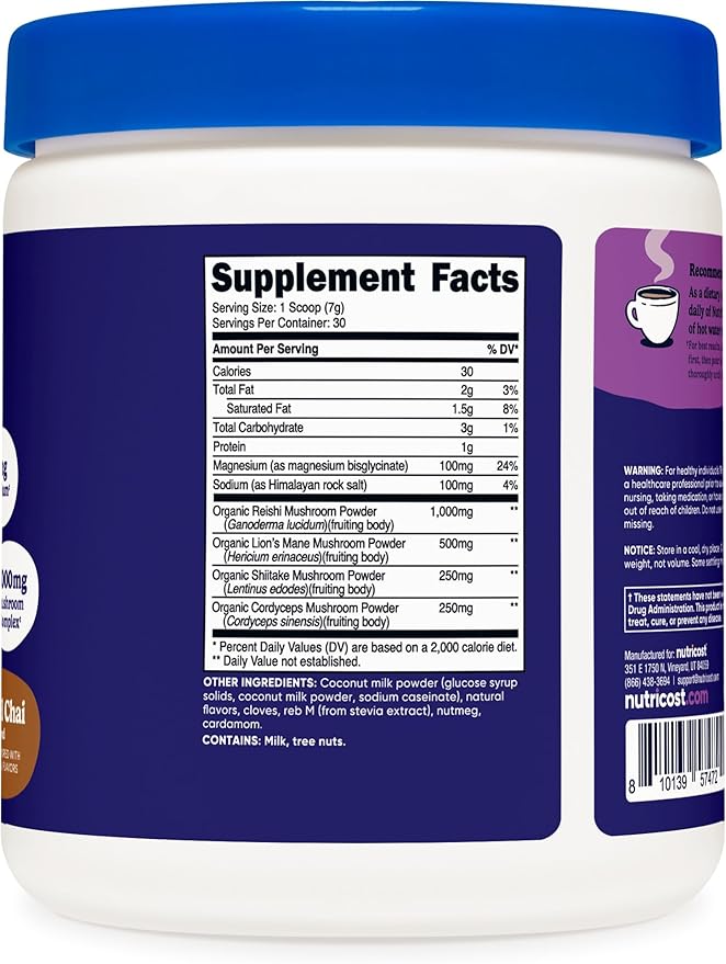 Nutricost Nutrizen PM Unwind Adaptogenic Mushroom Drink (Caramel Chai Flavored) 30 Servings - Includes Reishi, Lion's Mane, Shiitake, Cordyceps