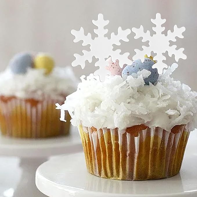 Rsstarxi 50 Pack Edible Snowflake Cupcake Toppers - White Snowflakes Cake Decorations for Winter Frozen Theme Baby Shower Birthday Party