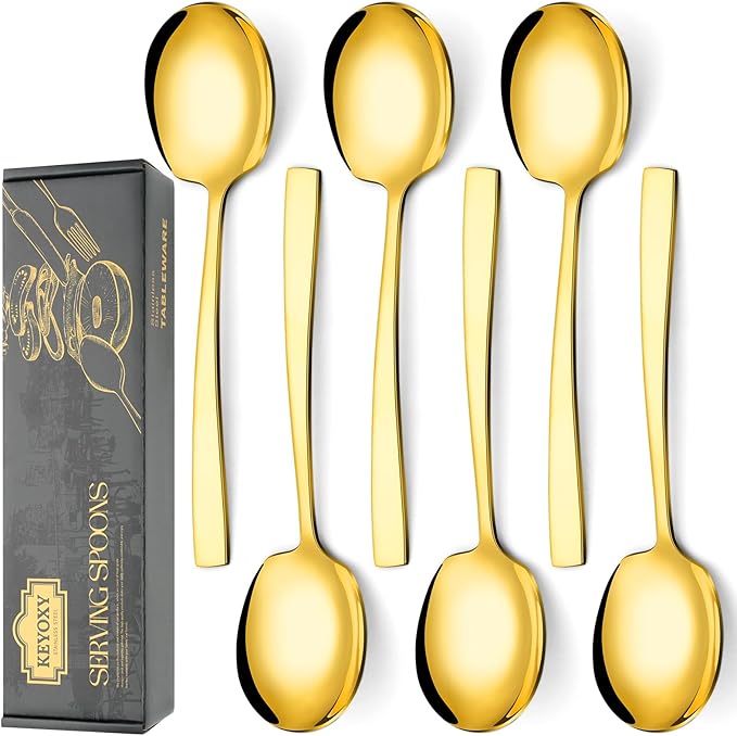 6 Piece Stainless Steel Serving Spoons Set - 6 Large Spoons, 9.2-Inch, Dishwasher Safe, for Parties/Kitchen/Buffet/Catering,Gold