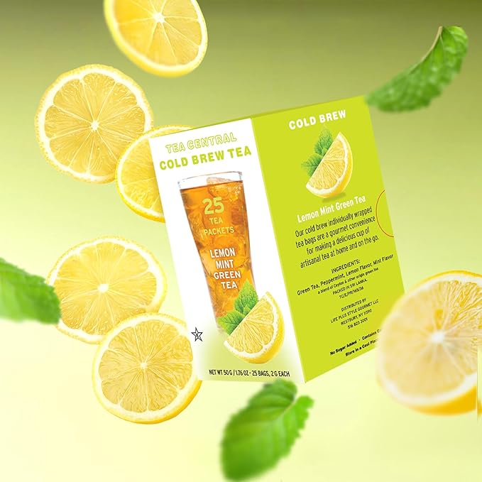 Life Plus Style Gourmet TEA CENTRAL Lemon Mint Green Tea Organic Ceylon Iced Green Tea Lemon Iced Drink Peppermint Cold Brew Tea Bags Refreshing Natural Flavored Wellness Tea Beverages 25 Tea Bags