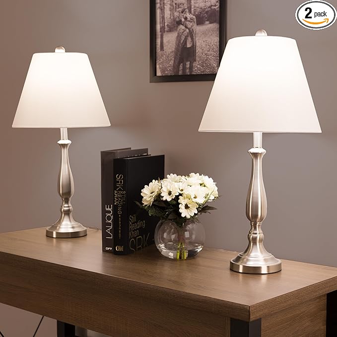 Brushed Steel Table Lamps - Set of 2 Traditional Accent Lights with LED Bulbs - Home Décor for Bedroom, Living Room, Office, or Entry by Lavish Home
