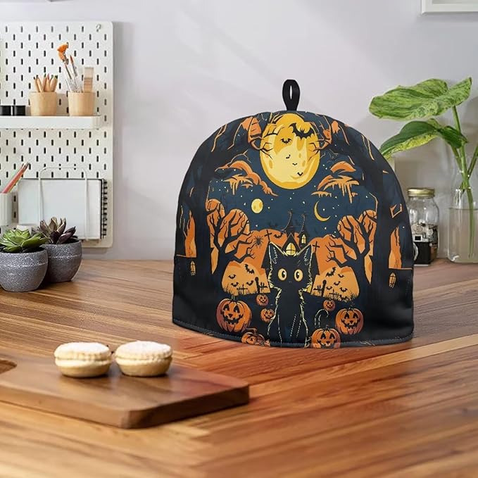 ZUXONGSYBlack Cat Tea Cozy for Teapot Insulated Scratch Proof Cup Cozy Bat with Spider Breakfast Warmer for All Hallows' Eve Party ReusableTeapot Insulation Cover Halloween Day