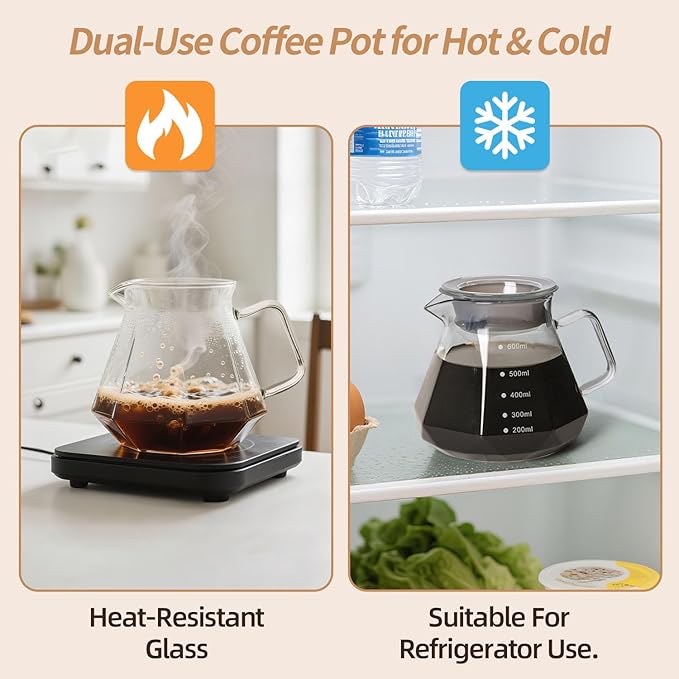Pour Over Coffee Maker, Borosilicate Glass Drip Coffee Maker with Reusable Stainless Steel Filter and Cork Grip for Home Caf챕 (Walnut Collar, 20 OZ)