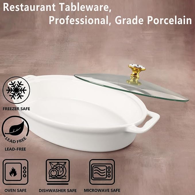 10" x 7" Ceramic Oval Casserole Dish with Glass Lid, 30 Ounce White Serving Soup Tureen,Chafing Dish for Buffet, Family Food preserve Tray, Catering Casserole for Party Style