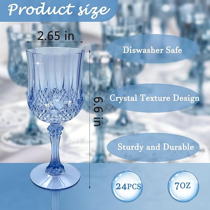 Plastic Wine Glasses,Plastic Goblets Vintage Style Cordial Drinking Glasses for Wedding Reception, Grand Event Party Supplies (24, Blue)