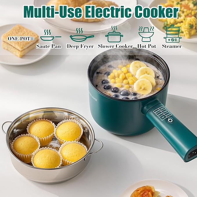 Hot Pot Electric with Steamer,6 Smart Modes, 1.8L Ramen Cooker, Portable Cooker, Non-Stick Frying Pan, Saut챕 Pan, Electric Pot for Pasta, Egg, Steak, BPA Free, College Dorm Room Essential