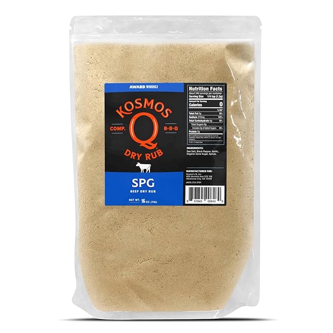 Kosmos Q SPG Seasoning - Savory Blend of Salt Pepper Garlic Seasoning - SPG Rub for Brisket, Steak, Chicken, Prime Rib Rub, Pork, and More - All-Natural Garlic Salt Pepper & Spice Shaker (16 oz)