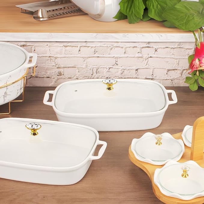10" x 7" Ceramic Rectangular Casserole Dish with Glass Lid, 1.3 Quart White Serving Soup Tureen,Chafing Dish for Buffet, Family Food preserve Tray, Catering Casserole for Party Style