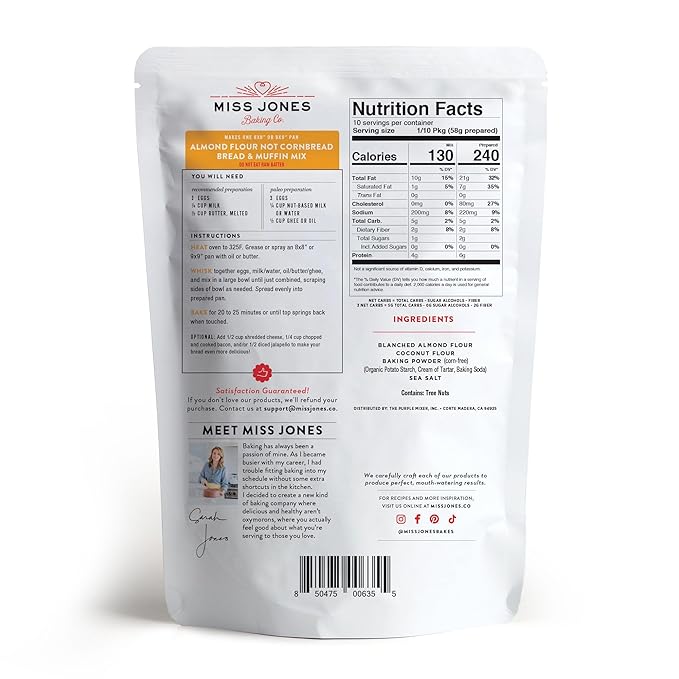 Miss Jones Baking Not Cornbread Muffin Mix - Almond Flour, Gluten Free, Low Carb, No Sugar Added, Naturally Sweetened Desserts & Treats - Keto, Diabetic, Atkins, WW, and Paleo Friendly (Pack of 1)
