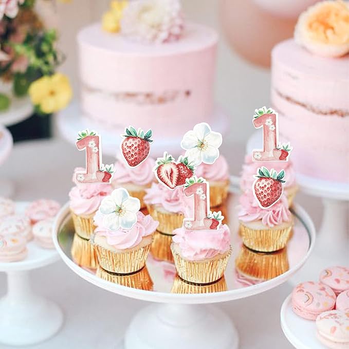 60 Pack Edible Sweet One Cupcake Toppers First Birthday Strawberry Flower Cake Toppers Rice Paper Wafer Paper Cake Picks for Fruit Baby Shower 1st Birthday Berry Sweet Kids Birthday Cake Decorations