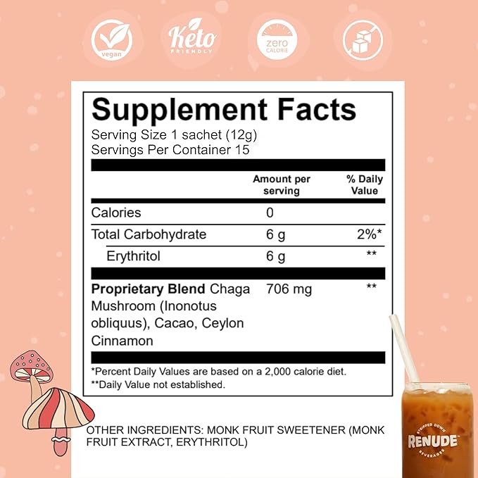 Renude Chagaccino - Chaga Mushroom Powder, Mushroom Coffee Drink Mix with Adaptogens, Natural Energy and Immune Support, Vegan, Keto, Zero Calorie Mushroom Blend Powder - 15 Servings