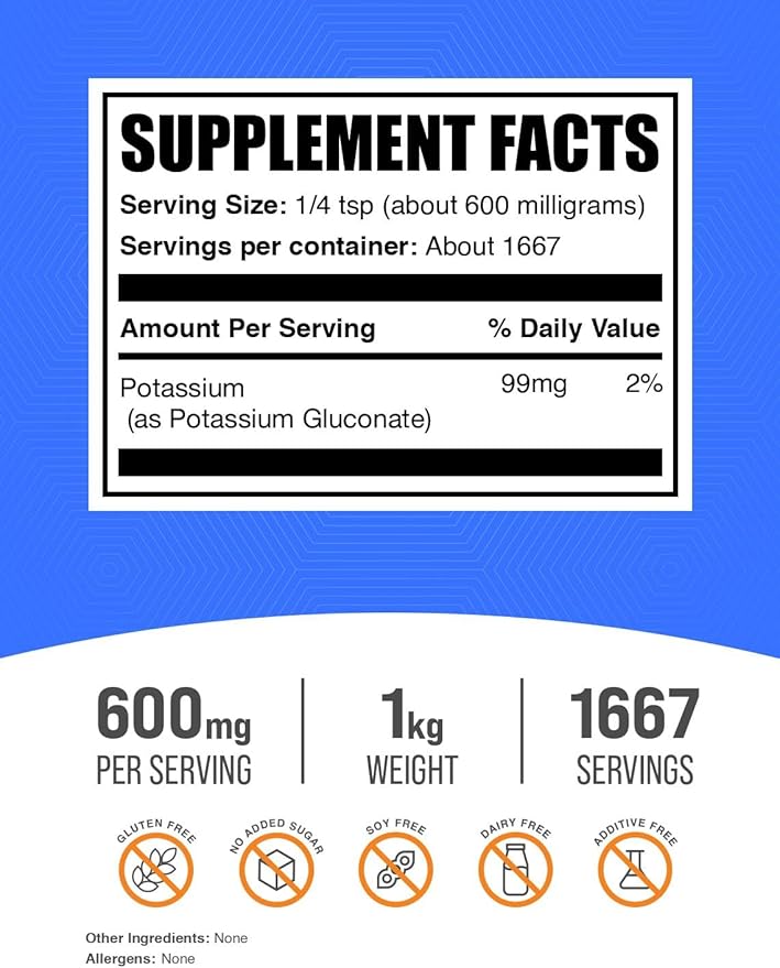 BulkSupplements.com Potassium Gluconate Powder - for Hydration Support, Mineral Supplement, Potassium 99mg - Gluten Free, 600mg per Serving, 1kg (2.2 lbs) (Pack of 1)
