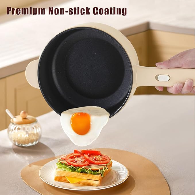 Dezin Electric Cooker, 2L Non-Stick Saut챕 Pan, Rapid Noodles Cooker, Mini Pot for Steak, Egg, Fried Rice, Ramen, Oatmeal, Soup with Power Adjustment, College Dorm Room Essential(Egg Rack Included)
