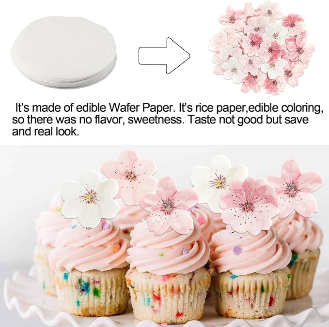 Morofme 50pcs Edible Cherry Blossom Cupcake Topper Wafer Paper Cherry Blossoms Flowers Cupcake Topper Sakura Cake Topper Edible Flower Cake Decorations for Birthday baby shower Party Supplies