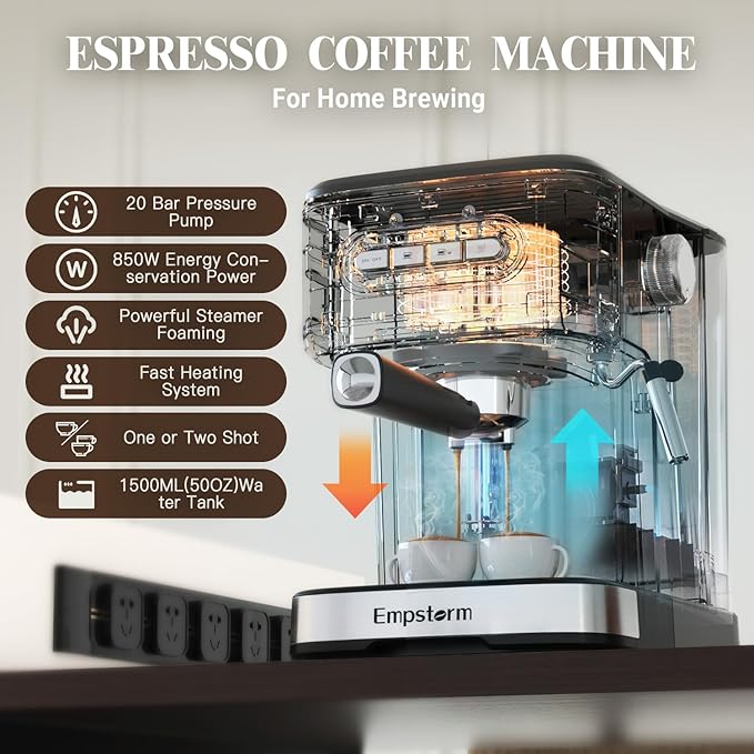 Espresso Machine 20 Bar, 2 in 1 Espresso Maker with Milk Frother Steam Wand for Latte and Cappuccino, Powder and Capsule Portafilter, 50oz Removable Water Tank Coffee Machine for Home-Silver