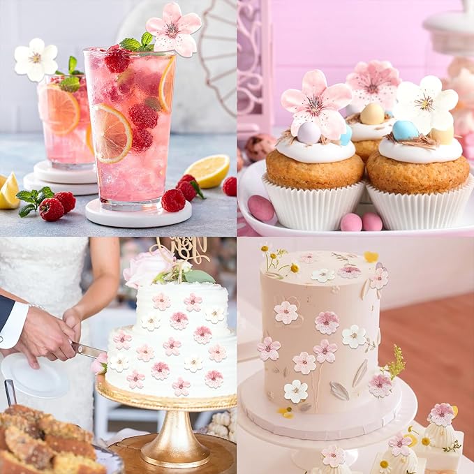 Morofme 50pcs Edible Cherry Blossom Cupcake Topper Wafer Paper Cherry Blossoms Flowers Cupcake Topper Sakura Cake Topper Edible Flower Cake Decorations for Birthday baby shower Party Supplies