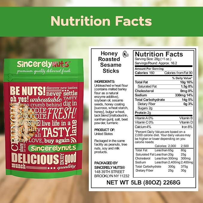 Sincerely Nuts Honey Sesame Sticks Snacks, 1lb - Kosher Certified - Crunchy Toasted Honey Sesame Seed Crackers for Trail Mix & Soup