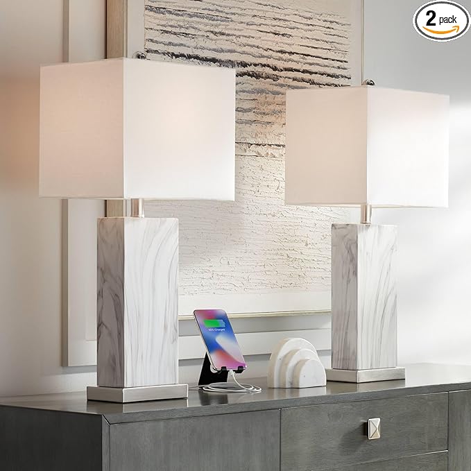 360 Lighting Connie Mid Century Modern Table Lamps 25" High Set of 2 with USB Charging Port White Faux Marble Rectangular Shade for Living Room Desk Bedroom House Bedside Nightstand Home
