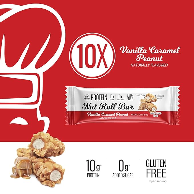 Genius Gourmet Nut Roll Bars Vanilla Caramel Peanut ??10g Protien, Zero Added Sugar, Gluten Free, Non-GMO ??Sweet Snack & Dessert for Adults and Kids ??10 Ct Box