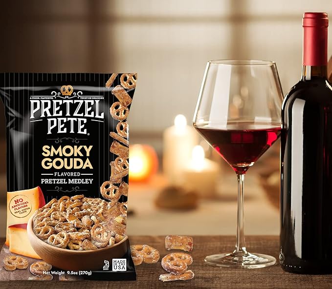 Pretzel Pete Smoky Gouda Pretzel Medley Seasoned Pretzel Medley, Nut-Free and Sesame-Free Snack, Small Batch, Bold Flavor (9.5oz, Pack of 3)
