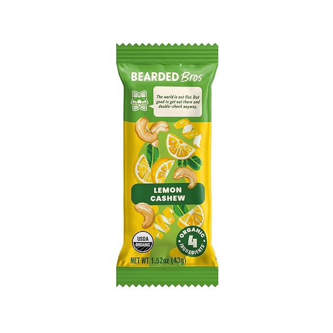 Bearded Brothers Vegan Organic Food Bar - Lemon Cashew, 12 Pack, Gluten Free, Paleo, Fiber, Whole 30 | Non GMO Low Glycemic Snacks (Packaging May Vary)
