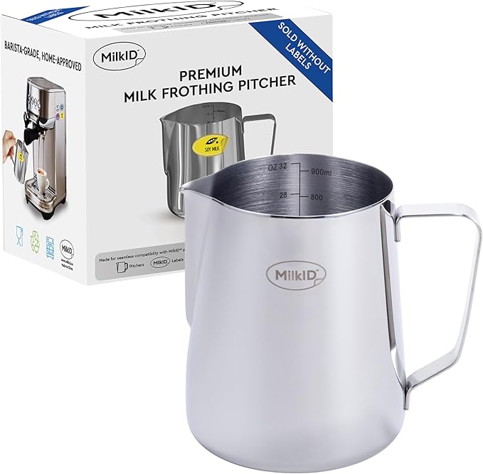 Stainless Steel Milk Frothing Pitcher | Compatible with MilkID Labeling System | Espresso Accessories Kit | Barista Tools | Latte Art Pitcher (32oz / Pitcher Only)