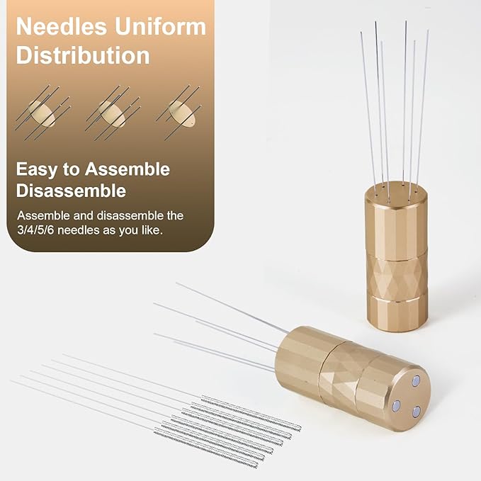 WDT Tool Espresso Distribution Tool, Coffee Distribution Tool with Magnetic Stand, Espresso Accessories with 6 Extra ??.25mm Stainless Steel Needles for Barista (Rich Gold, ??.25mm)