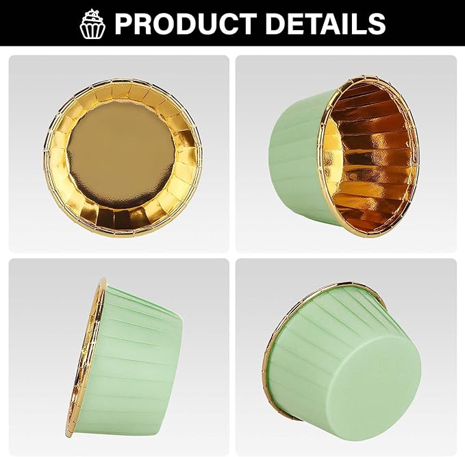 EUSOAR Cupcake Cups, 50pcs 3.5oz Muffin Cupcake Liners Disposable Ramekins, Aluminum Foil Wrappers Paper Dessert Containers Mini Cheesecakes Holders for Birthday Wedding Party-Light Green/Gold