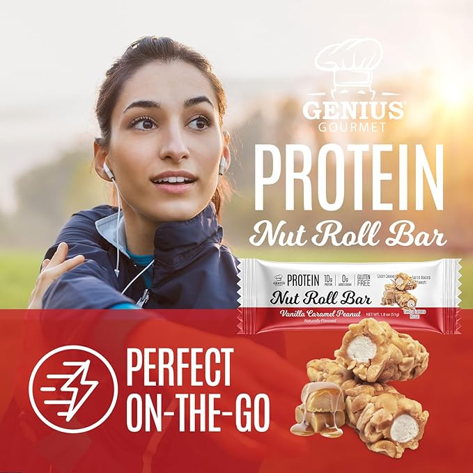 Genius Gourmet Nut Roll Bars Vanilla Caramel Peanut ??10g Protien, Zero Added Sugar, Gluten Free, Non-GMO ??Sweet Snack & Dessert for Adults and Kids ??10 Ct Box