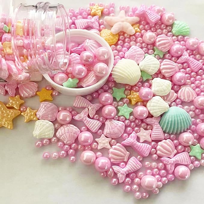 Sentovac Pink Mermaid Sprinkle Edible Decorating Ocean Sprinkles for Cake Cupcake Topper Cookie Baking Decorations Starfish Shell Pearl Mermaid Candy Mix Mermaid Party Birthday Cake Decorations