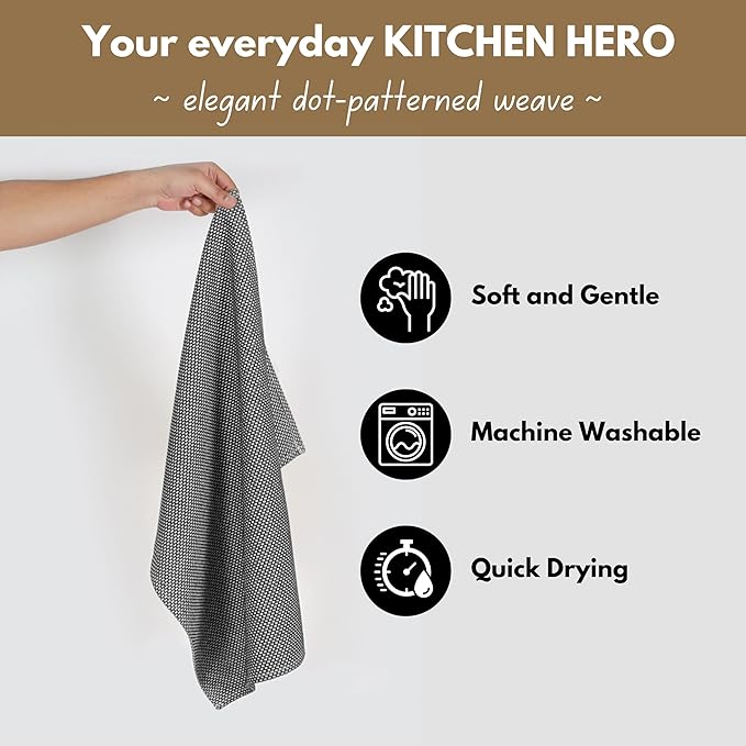 Native Fab 4 Pack Dotted Pattern Kitchen Dish Towels Cotton Super Absorbent Quick Drying Reusable 18x26 Inches - Bar Hand Towels, Kitchen Cleaning Towels with Hanging Loop, Black