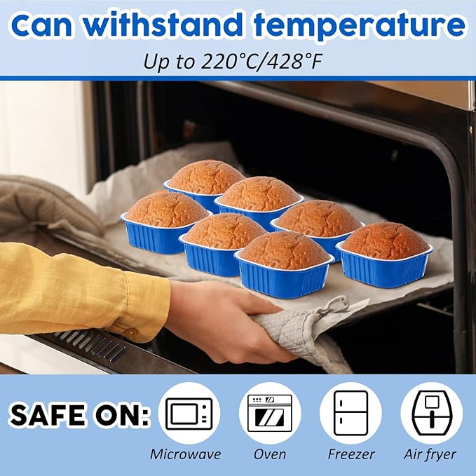 Aoriher 150 Pieces 10 oz Mini Cake Pans with Lids Aluminum Foil Baking Cups Square Disposable 4" x 4" Large Cupcake Cups Baking Tins for Kitchen Brownie Pudding Desserts Holders(Blue)