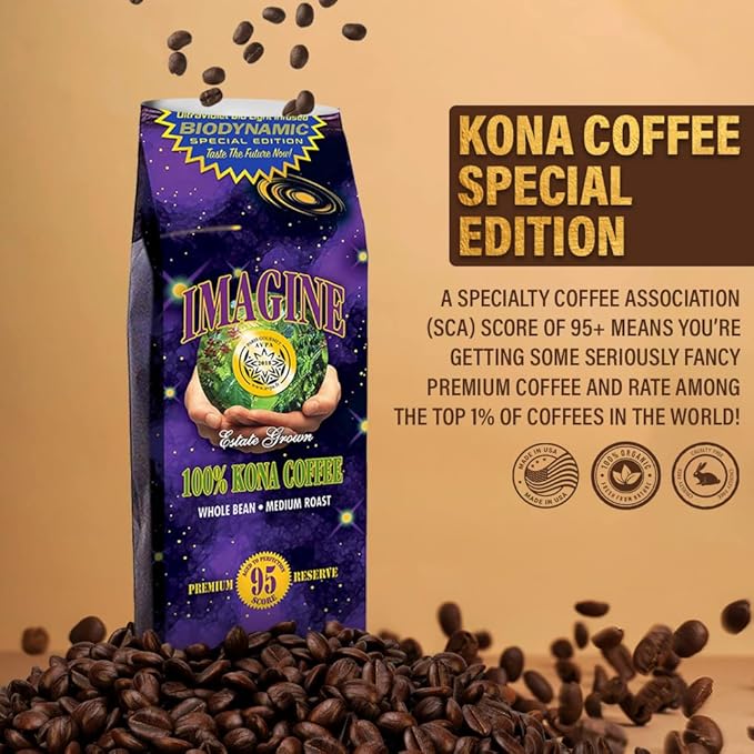 Imagine Kona UltraViolet Blu Light Infused Biodynamic Special Edition | Organic Whole Coffee Beans | Made From Premium Hawaiian Kona Beans | Top Grade Air Roasted | Medium Roast - 16 ounce