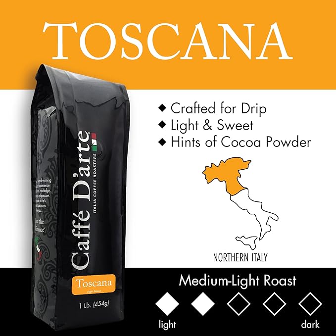Caffe D'arte Toscana Ground Coffee ??Medium Light Roast, Crafted for Drip Brewing, Light & Sweet with Cocoa Notes ??Fresh Roasted in Seattle ??1 Pound Bag, Pack of 2