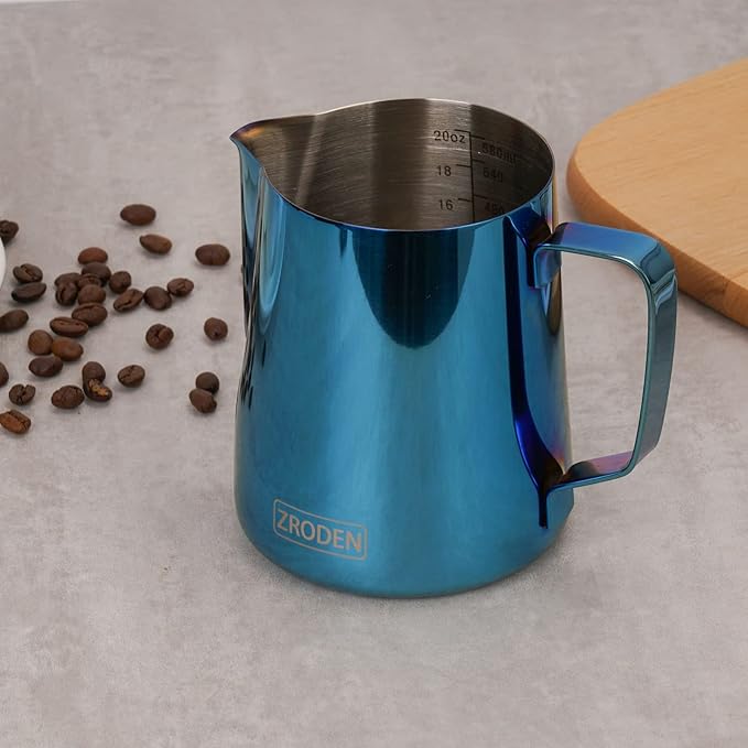 Milk Frothing Pitcher, 20oz Espresso Steaming Pitchers Stainless Steel Cappuccino Coffee Machine Accessories Barista Tools Steam Froth Pitchers Milk Jug Cup with Decorating Pen Latte Art, Blue
