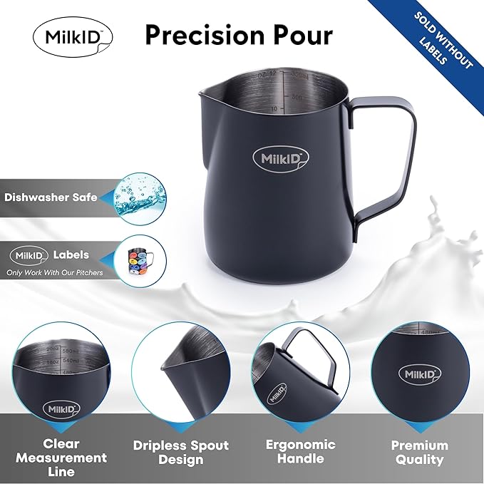 Stainless Steel Milk Frothing Pitcher | Compatible with MilkID Labeling System | Espresso Accessories Kit | Barista Tools | Latte Art Pitcher (12oz / Black Pitcher Only)