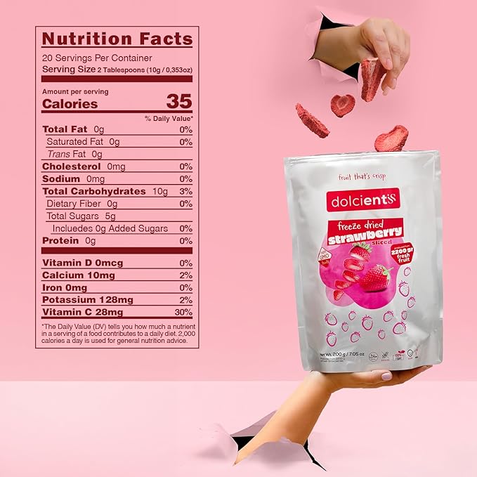 Dolcientis Freeze Dried Strawberries Sliced | 100% Natural Healty Fruit Snacks | Emergency Food Supply 25 Year Shelf Life | Non GMO, Kosher, Gluten free, Vegan, No Sugar Added, 7.05 oz, 20 Servings