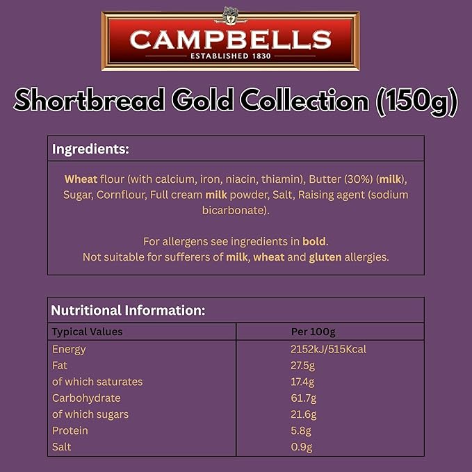 Campbells Shortbread All-Butter Gold Collection 5.29 Oz (150g) - Scottish Shortbread Cookies from Scotland, Butter Cookies Assortment Gift Box, British Tea Biscuits, Gourmet Scottish Snacks