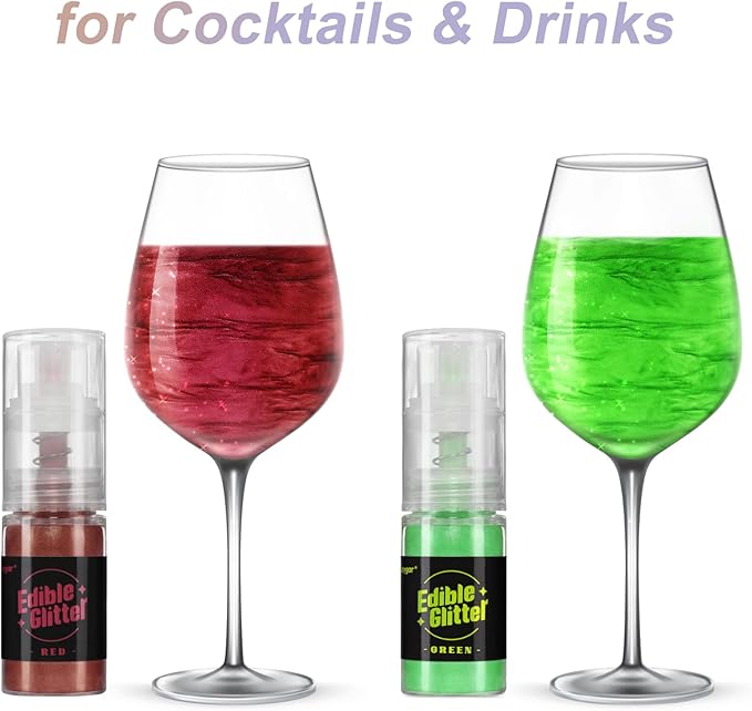 Sujoygar Edible Glitter Spray 2 Colors, Red and Green Edible Glitter for Cocktails, Shimmer Powder Luster Dust Edible for Cake Drink Strawberrie Cupcake Cookies Christmas Baking Decoretion, Vegan(5g/Bottle)