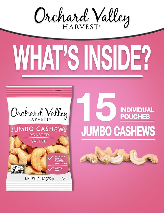 Orchard Valley Harvest Jumbo Cashews, 1 oz Bags (Pack of 15), Whole Roasted Salted Cashews, Gluten Free, No Artificial Colors, Flavors or Preservatives, Non-GMO, Snacks for Adults