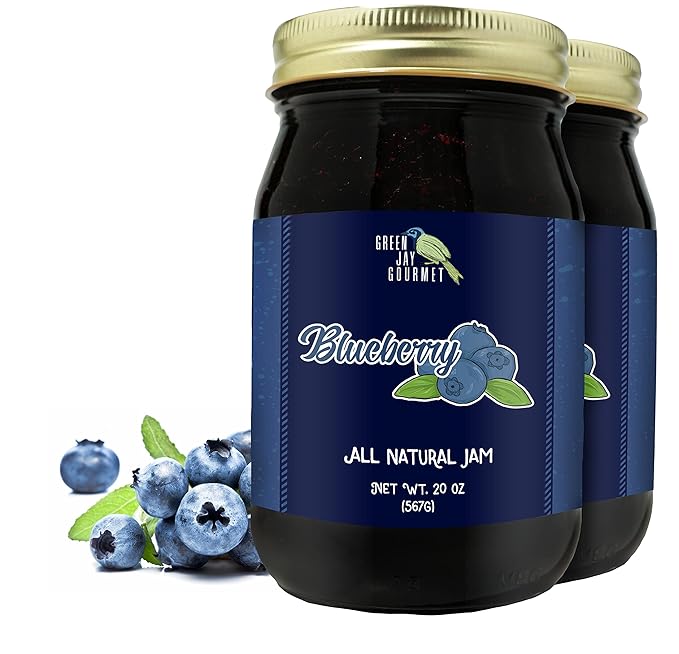 Green Jay Gourmet Blueberry Jam - All-Natural Fruit Jam with Blueberries & Lemon Juice - Vegan, Gluten-free Jam - Contains No Preservatives or Corn Syrup - Blueberry Jam Made in USA - 2 x 20 Ounces