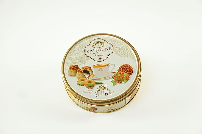 Zaitoune Premium Mini Mixed Cookies - 9 oz | Bite-Sized Date Maamoul, Barazek & Ghraybeh Cookie Mix | Handcrafted in Turkey | Beautiful Reusable Gift Tin | Perfect with Tea | Great Sharing Present