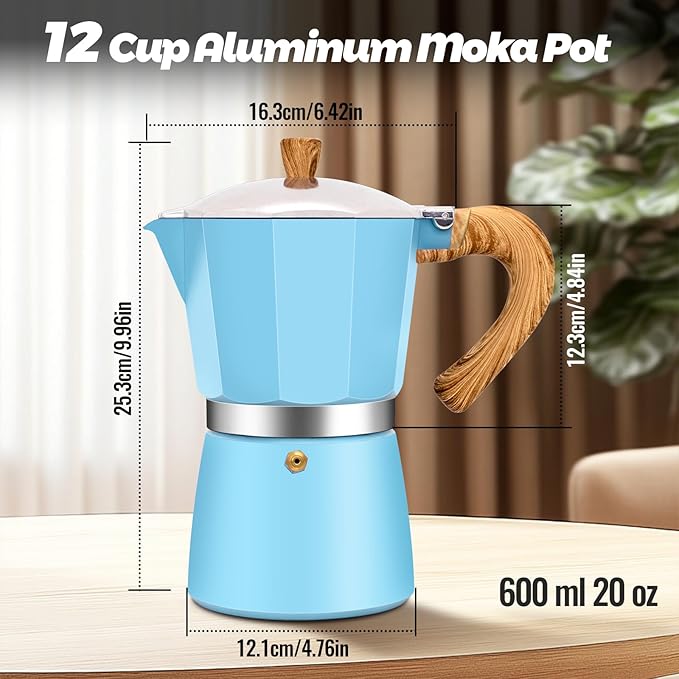 12 Cup Aluminum Moka Pot Classic Stovetop Espresso Coffee Maker 600ml 20oz Coffeemaker Percolator Mocha Pot Greca Coffee Maker Cafe Makers for Italian and Cuban Cafì±?Brewing Blue