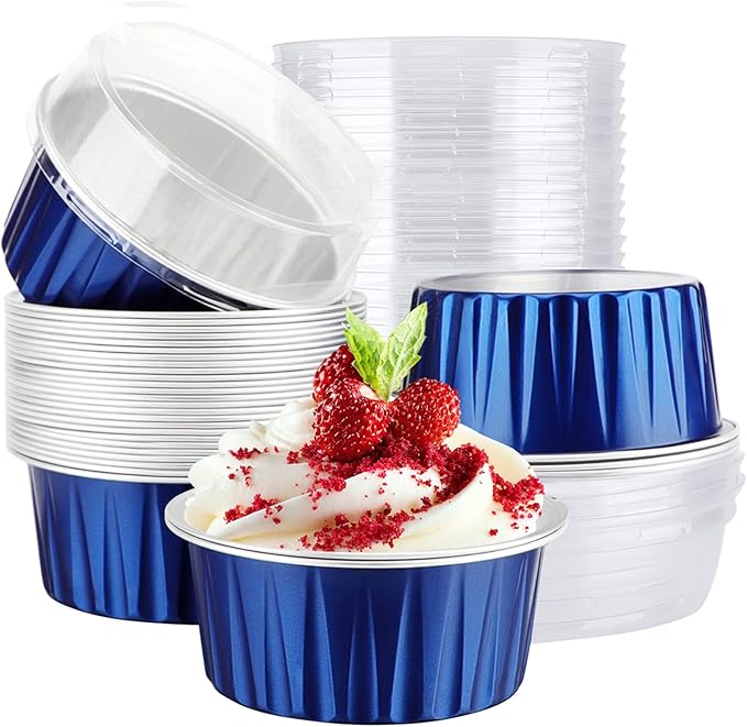 EUSOAR Mini Aluminum Pans with Lids, 30pcs 5oz Disposable Aluminum Foil Cupcake Liners Ramekins Baking Cups, Dessert Cups with Lids Aluminum Cheesecake Pan Creme Brulee Ramekins-Royal Blue