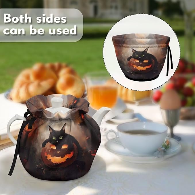 Black Cat Tea Cozy for Teapot Insulated Pumpkin Tea Pot Cozy for All Hallows' Eve Reusable Breakfast Warmer Designed in England Resuable Kettle Cover for Kitchen Decor