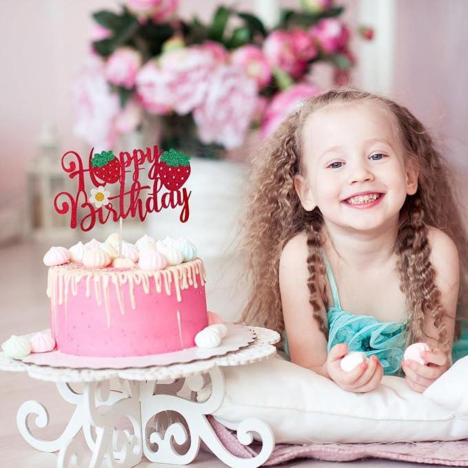 25Pcs Strawberry Cake Topper Glitter Oh Baby Strawberry Cupcake Toppers for Fruit Theme Baby Shower Birthday Summer Party Cake Decorations Supplies Red