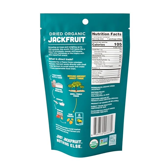 Mavuno Harvest Jackfruit Dried Fruit Snacks | Unsweetened Organic Dried Jackfruit Chips | Gluten Free Healthy Snacks for Kids and Adults | Vegan, Non GMO, Direct Trade | 2 Ounce, Pack of 6