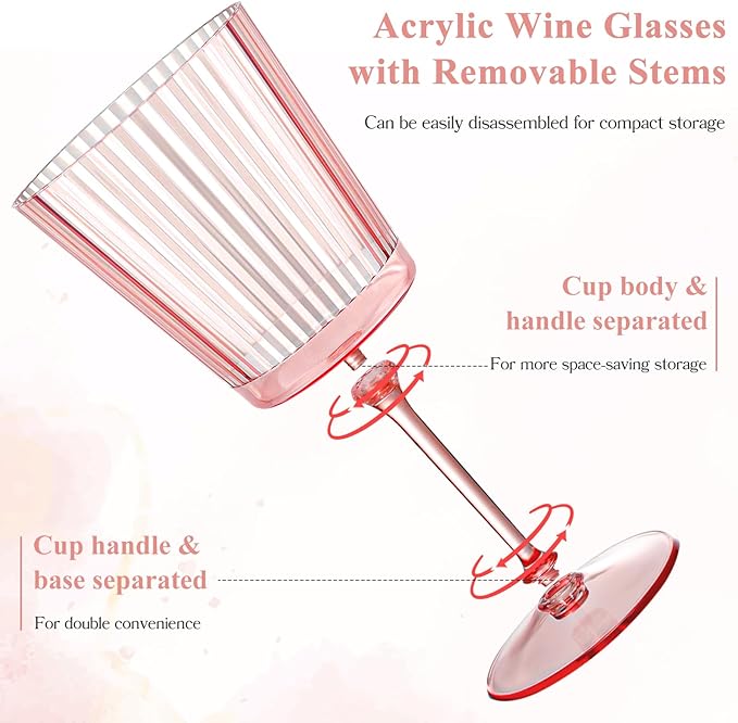 12 PCS Pink Plastic Wine Glasses with Removable Stems 13.5 Oz Pink Ribbed Wine Glasses Square White Wine Glass Muted Pastel Colors Goblets Elegant Fluted Glassware for Wedding Anniversary Birthday